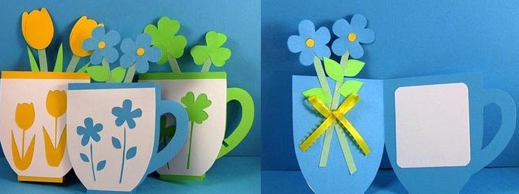 Empecemos por una tarjeta muy divertida y original: una tarjeta-taza con flores de colores. 