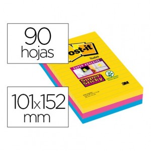 Bloc de notas rayado adhesivas marca Post-it super sticky 101 X 152 mm 90 hojas 3 colores