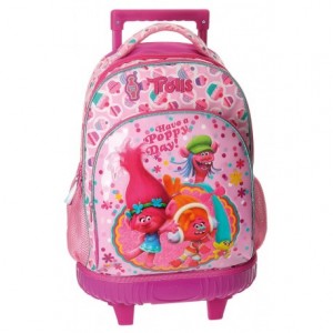 Mochila Escolar Trolls Con Carro 32x43x21cm Rosa