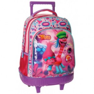 Mochila Escolar Trolls Con Ruedas y Carro 32x43x21cm Rosa