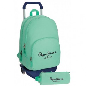 Mochila Pepe Jeans Poliéster 42,5x30,5x15 cm Harlow Turquesa con ruedas + estuche escolar