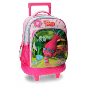 Mochila Trolls Microfibra 32x43x21 cm True Colors Rosa doble compartimento con ruedas