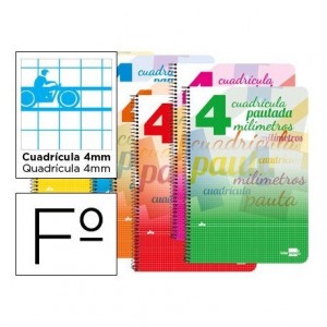 Bloc espiral marca liderpapel folio pautaguia tapa cartoncillo 80h80 g cuadriculado pautado 4mm colores surtidos