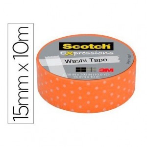 Cinta Adhesiva Washi Tape Punto Naranja 10mt x 15mm Papel de arroz marca Scotch