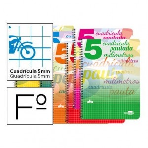 Bloc espiral marca liderpapel folio pautaguia tapa cartoncillo 80h80 g cuadriculado pautado 5 mmcon margen colores surtidos