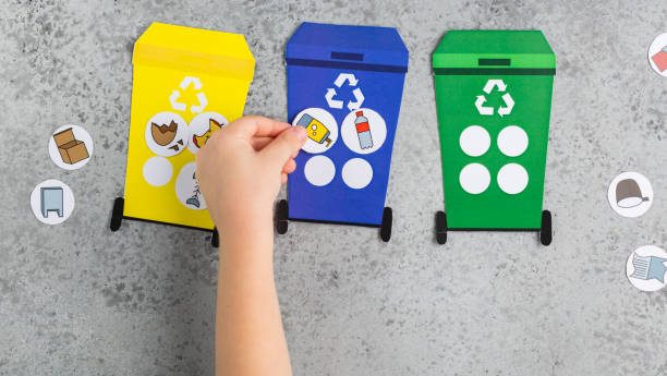 Juego de reciclaje para la educación de los niños dibujar flechas de la  basura a los contenedores de reciclaje usar un contenedor adecuado para los  desechos educación ecológica y respetuosa con el